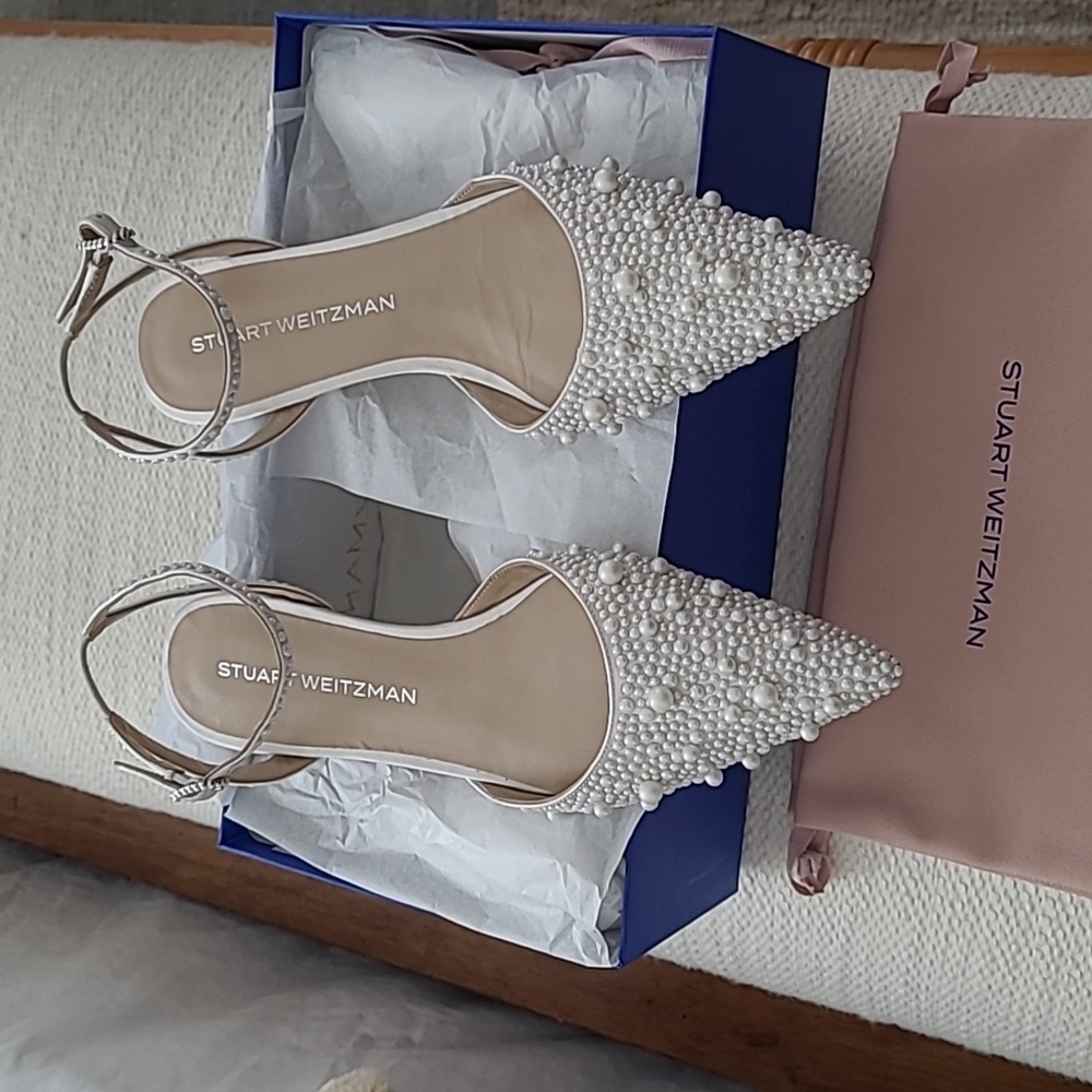 Stuart Weitzman Bliss Flat Satin & Pearls Sandals Shoes Size 8.5 N New $695